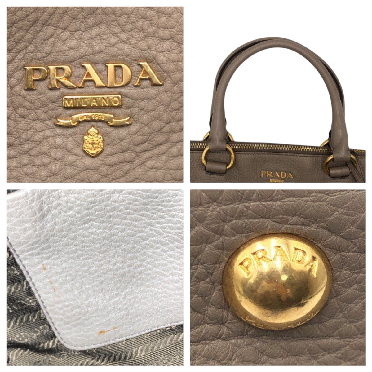 PRADA Tote Bag leather Beige Gold Metal Tote Bag handbag Vitterodino Women Used Authentic