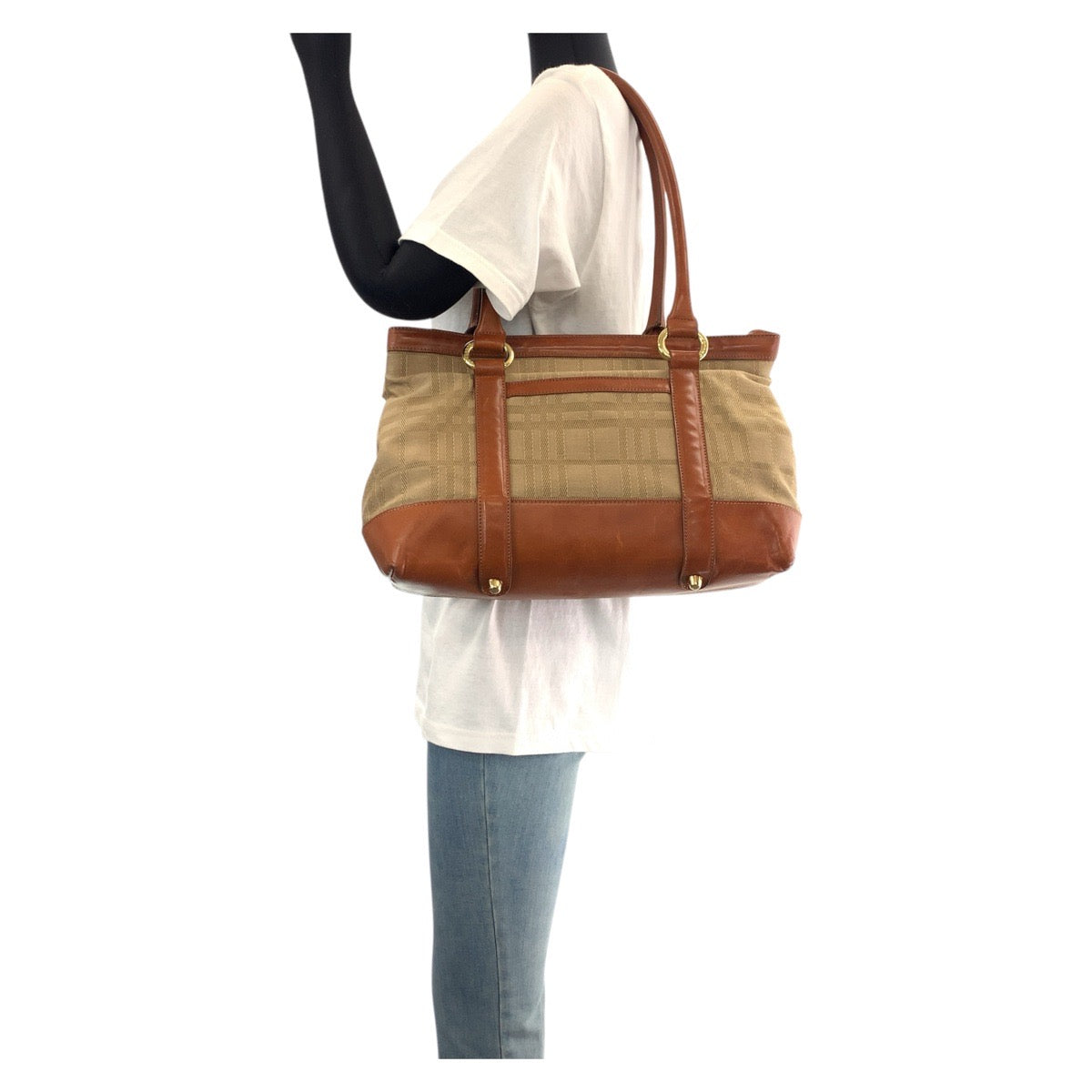 BURBERRY Tote Bag Canvas, Leather Brown Check Pattern Women Used Authentic