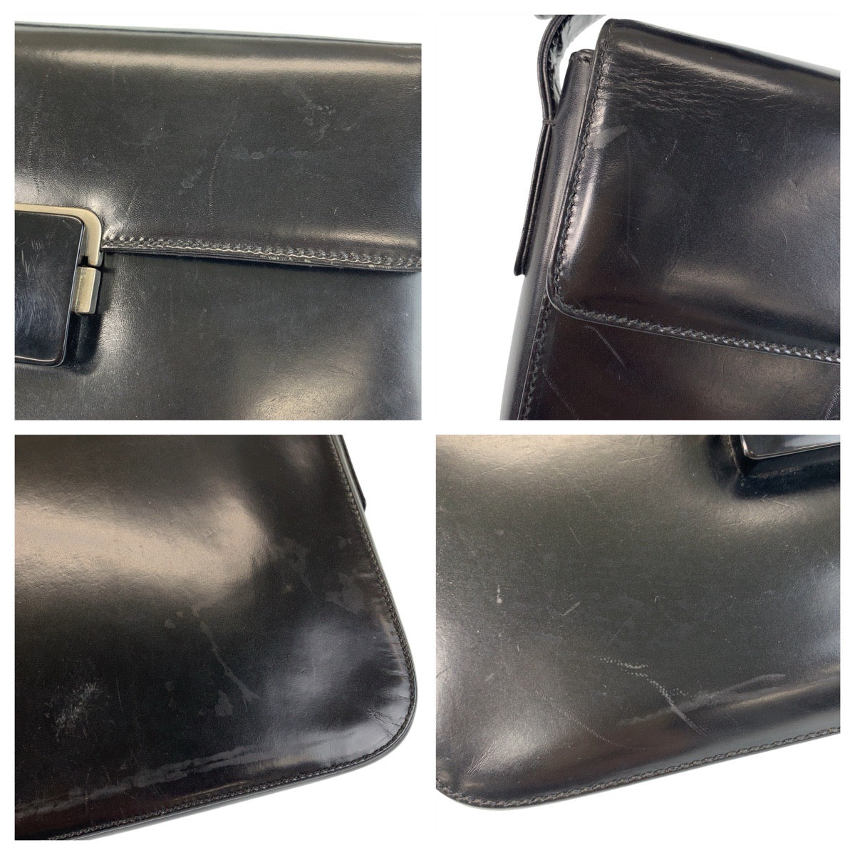 PRADA Shoulder Bag leather Black Silver Metal Shoulder Bag handbag Women Used Authentic