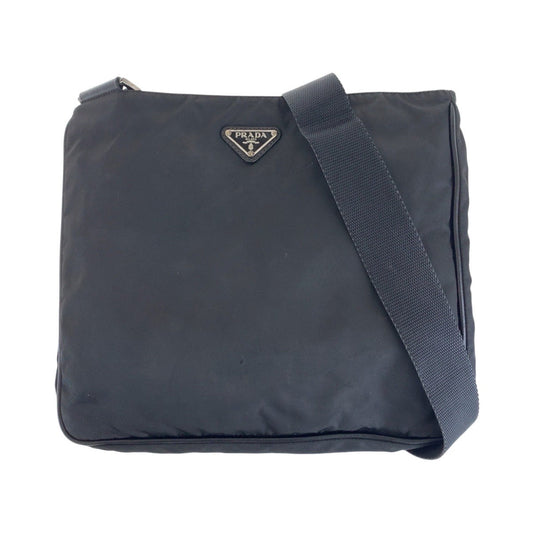 PRADA Shoulder Bag Nylon, Leather Black SilverMetal Shoulder Bag pochette Testo Saffiano Triangle With logo mens Used Authentic