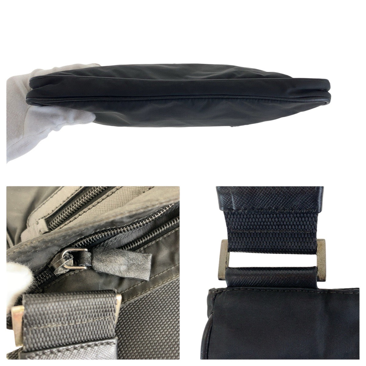 PRADA Shoulder Bag Nylon, Leather Black SilverMetal Shoulder Bag pochette Testo Saffiano Triangle With logo mens Used Authentic