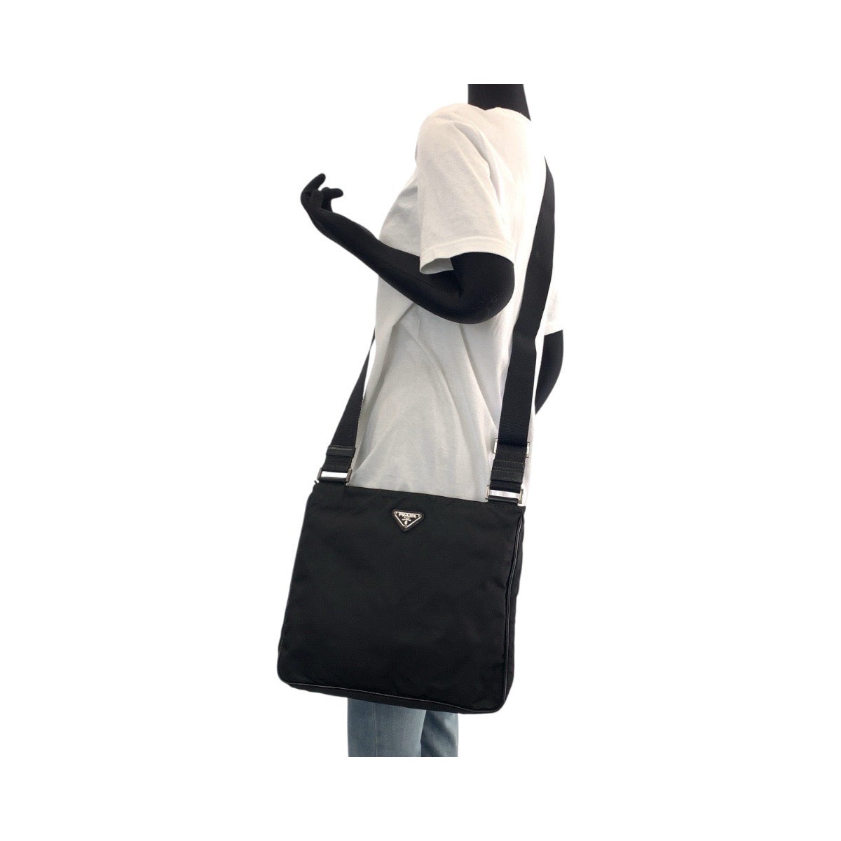 PRADA Shoulder Bag Nylon, Leather Black SilverMetal Shoulder Bag pochette Testo Saffiano Triangle With logo mens Used Authentic