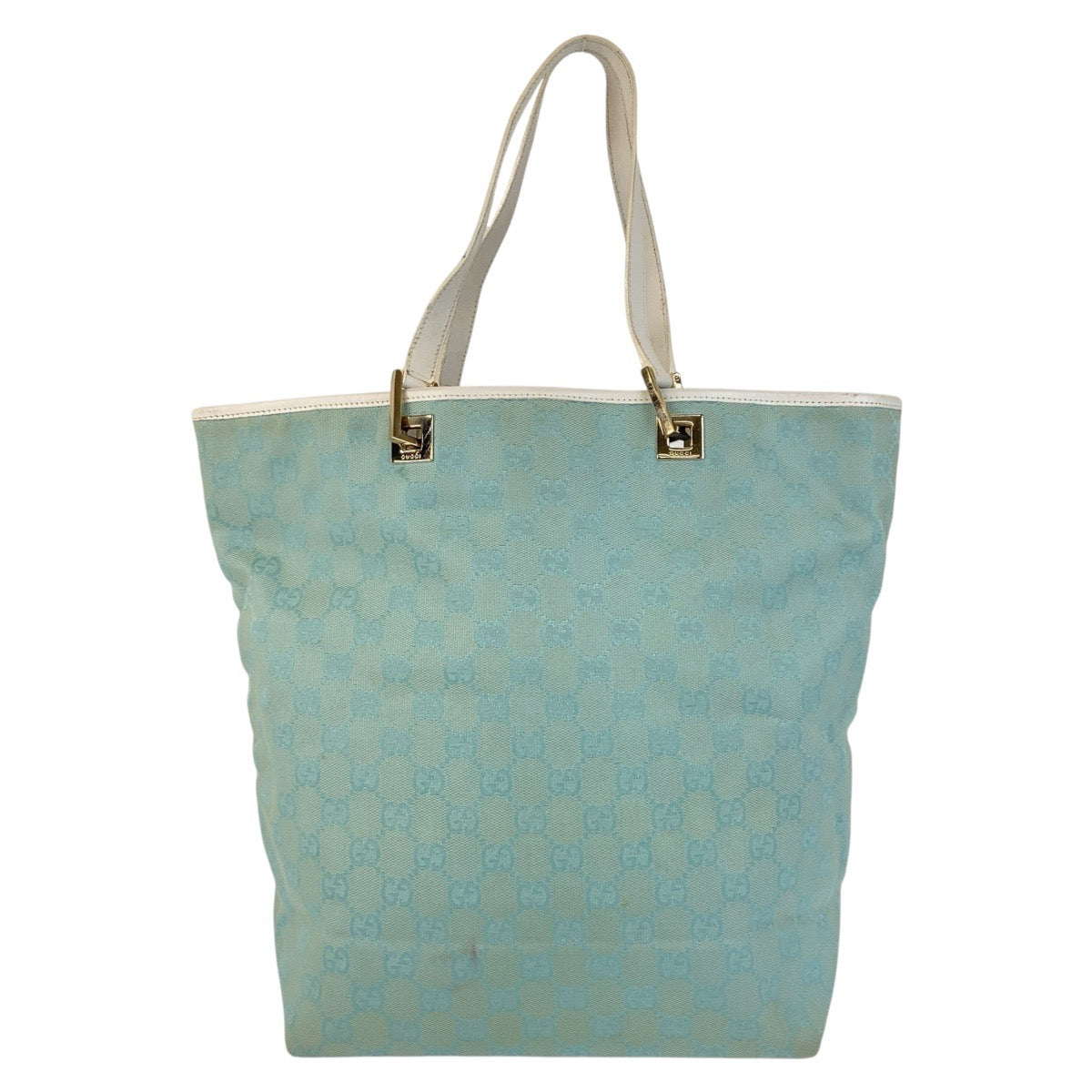 GUCCI Tote Bag 002 1098 GG canvas, leather Mint Light Blue Gold Metal Tote Bag Shoulder Bag Women Used Authentic