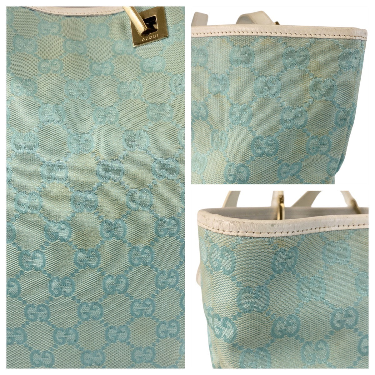 GUCCI Tote Bag 002 1098 GG canvas, leather Mint Light Blue Gold Metal Tote Bag Shoulder Bag Women Used Authentic