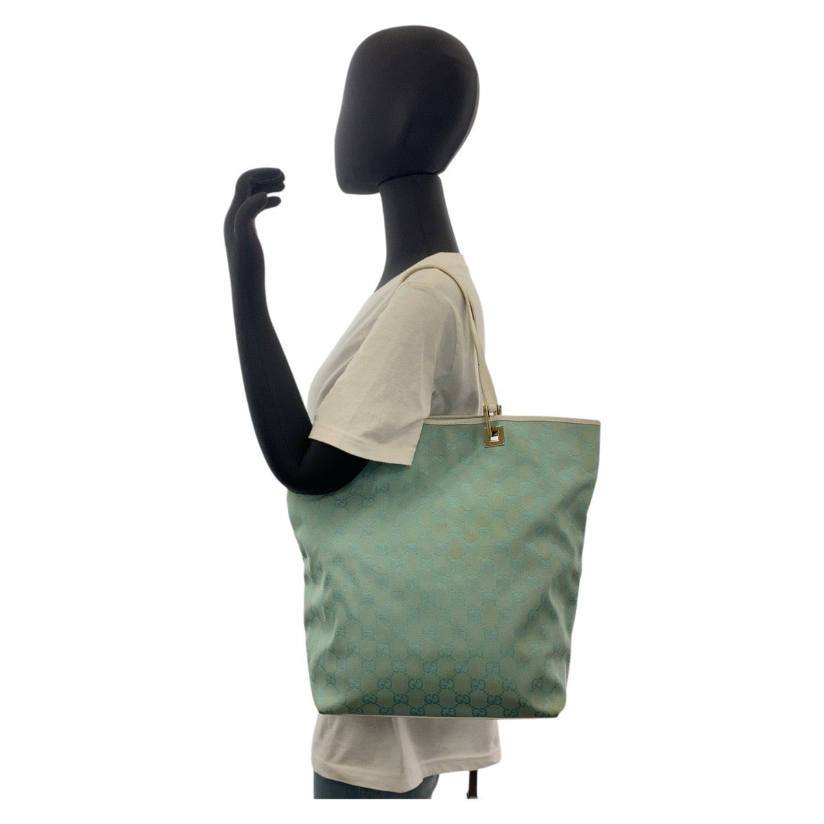 GUCCI Tote Bag 002 1098 GG canvas, leather Mint Light Blue Gold Metal Tote Bag Shoulder Bag Women Used Authentic