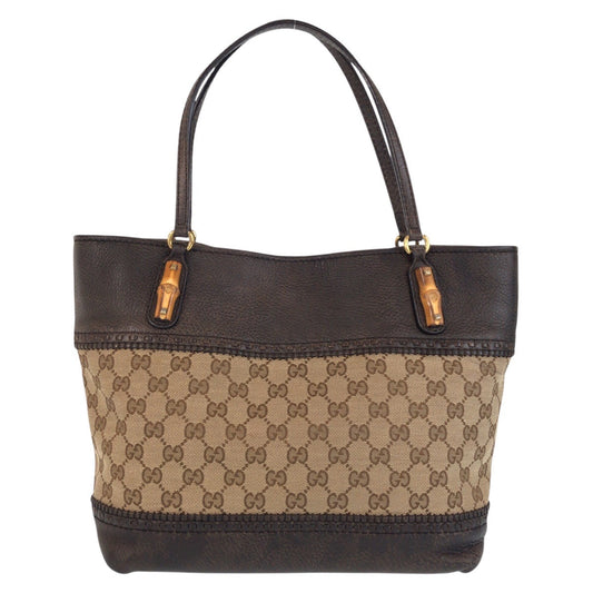 GUCCI Tote Bag 353125 GG canvas, leather Beige Brown Gold Metal Tote Bag Shoulder Bag Bamboo Women Used Authentic
