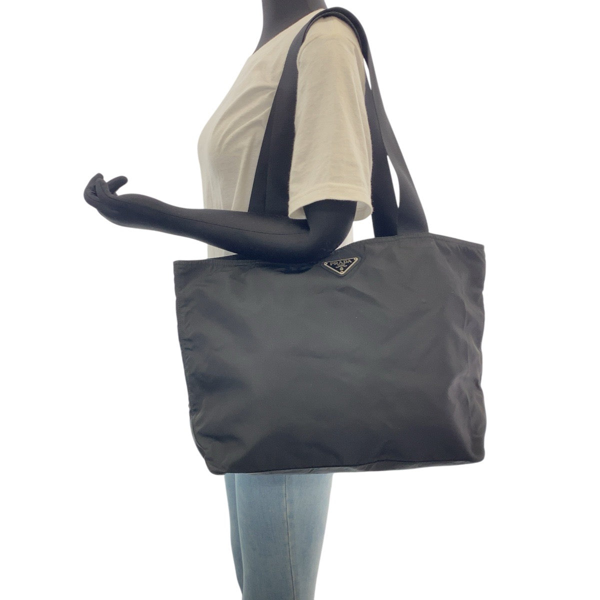 PRADA Tote Bag Nylon Black SilverMetal Tote Bag Shoulder Bag Test Triangle With logo Women Used Authentic