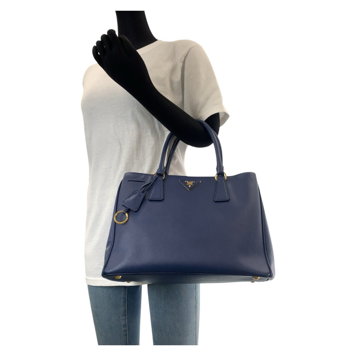 PRADA Tote Bag leather Blue GoldMetal Tote Bag Shoulder Bag 2way Safiano Galleria TriangleWith logo Women Used Authentic