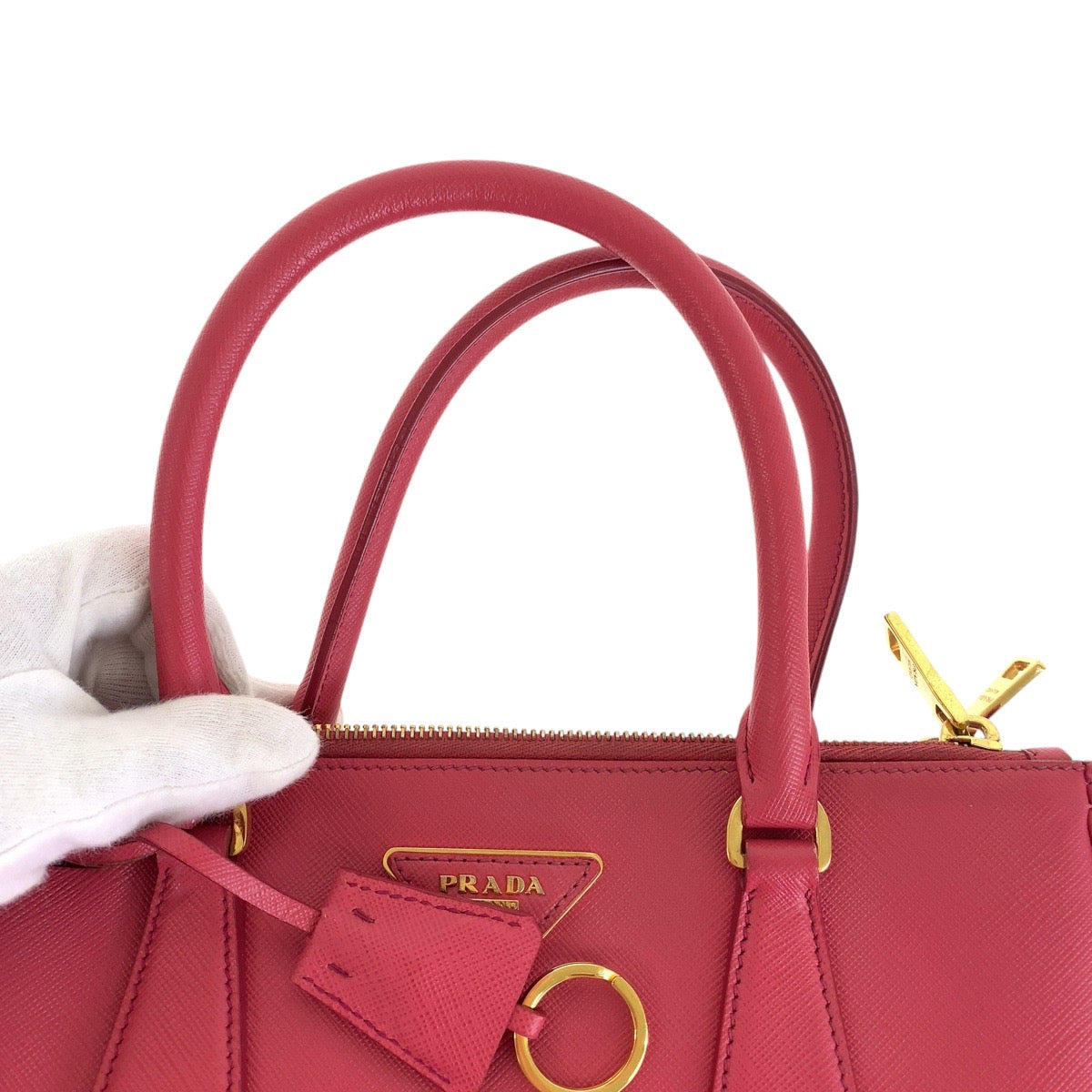 PRADA Tote Bag leather Pink Gold Metal Tote Bag Shoulder Bag 2way Safiano Galleria TriangleWith logo Women Used Authentic