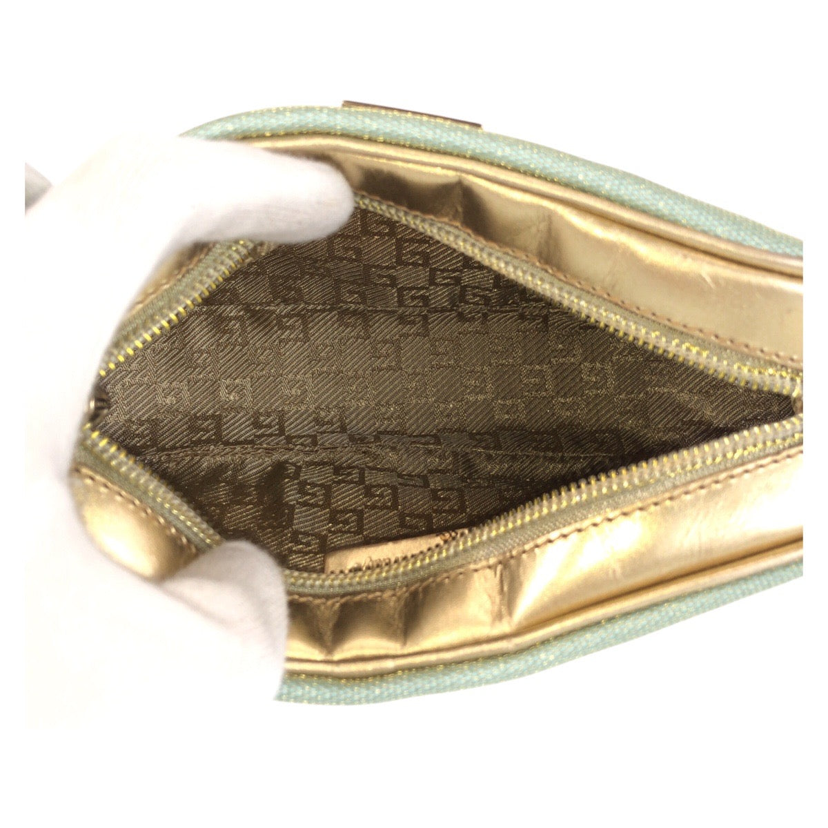 GUCCI Handbag 0391133 Canvas, Leather Mint Green Gold Handbag accessory pouch Women Used Authentic