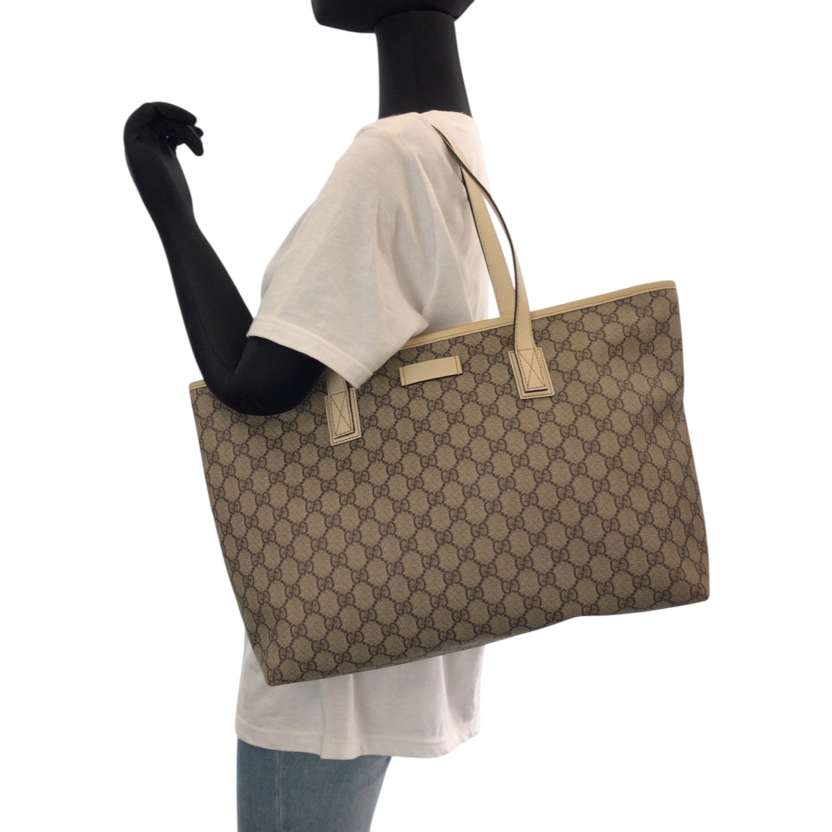 GUCCI Tote Bag 211137 PVC Beige Ivory SilverMetal Tote Bag Shoulder Bag GG plus Women Used Authentic