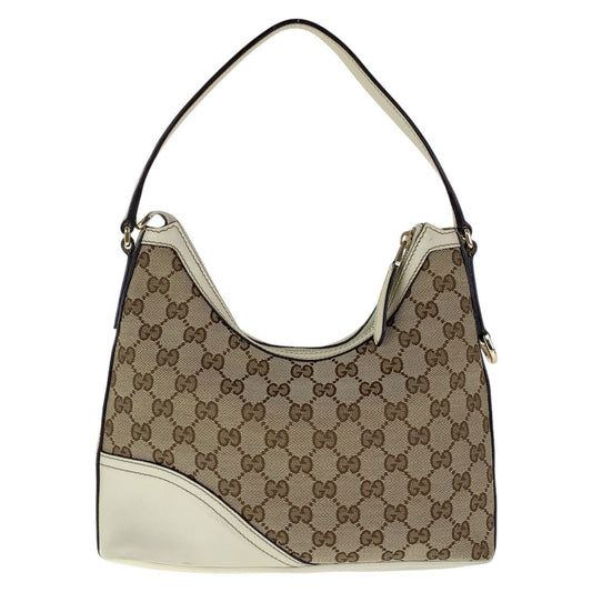 GUCCI Shoulder Bag 182489 GG canvas, leather White Brown Gold Metal Interlocking Women Used Authentic