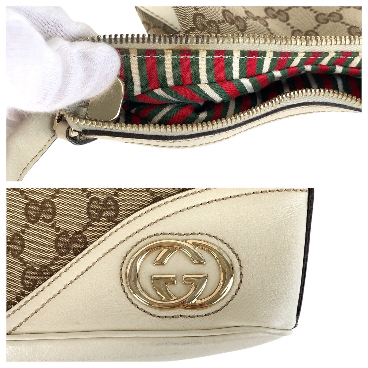 GUCCI Shoulder Bag 182489 GG canvas, leather White Brown Gold Metal Interlocking Women Used Authentic