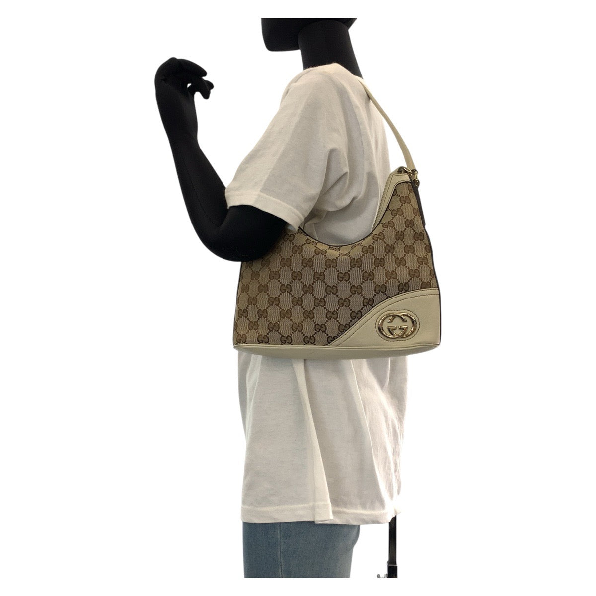 GUCCI Shoulder Bag 182489 GG canvas, leather White Brown Gold Metal Interlocking Women Used Authentic