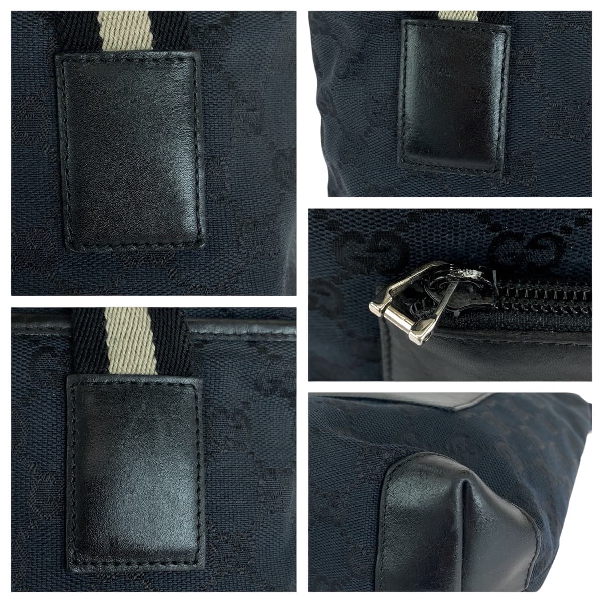 GUCCI Tote Bag 019 0402 GG canvas Black Beige SilverMetal Tote Bag Shoulder Bag Women Used Authentic