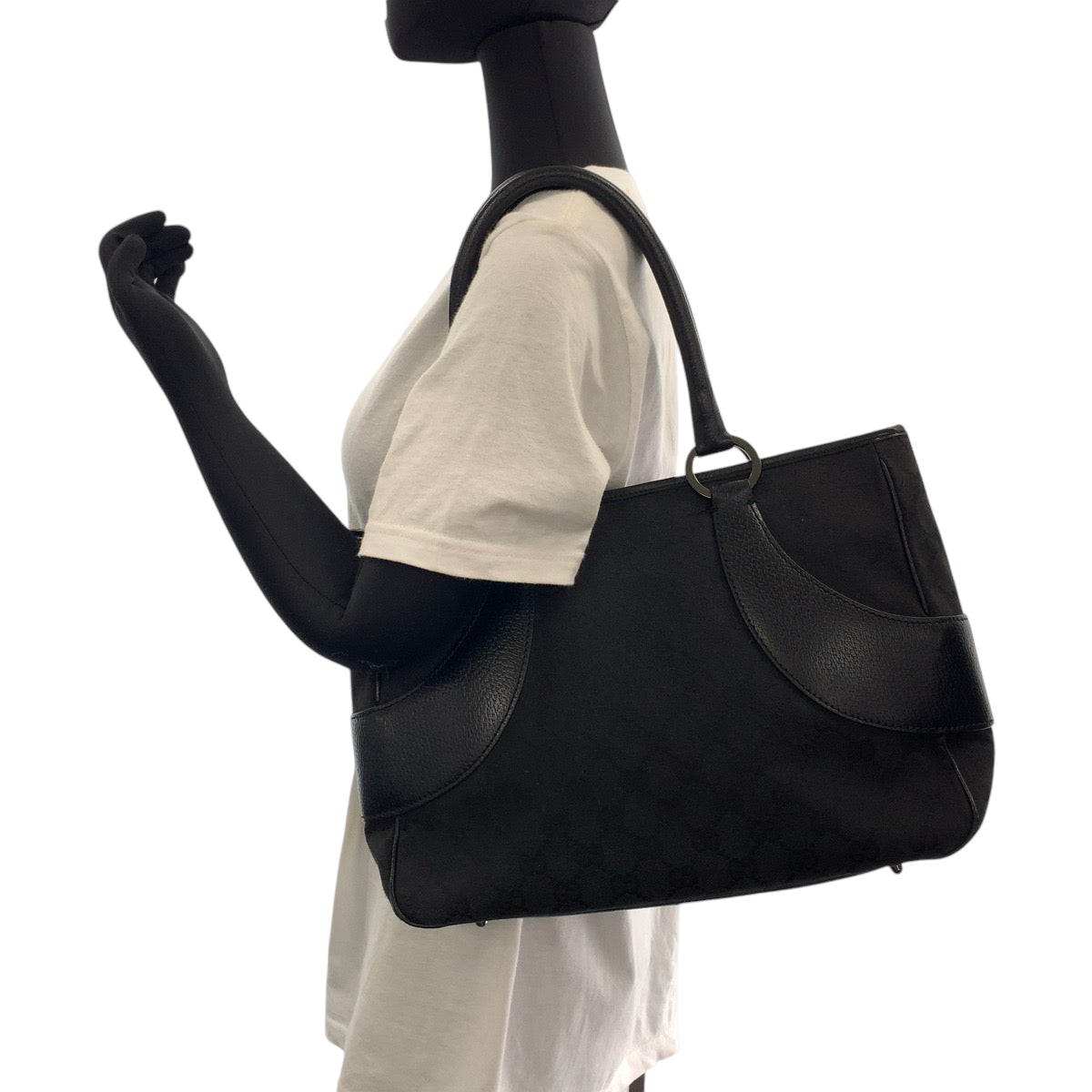 GUCCI Tote Bag 113011 GG canvas, leather Black SilverMetal Tote Bag Shoulder Bag Women Used Authentic
