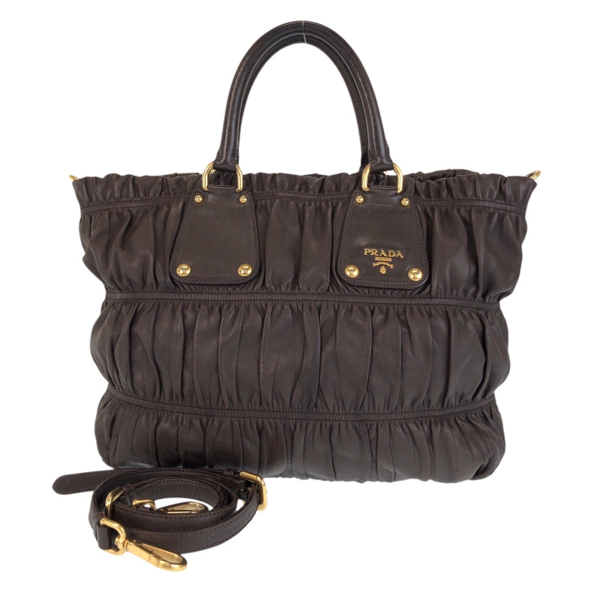 PRADA Tote Bag leather Brown Gold Metal Tote Bag Shoulder Bag 2way Women Used Authentic