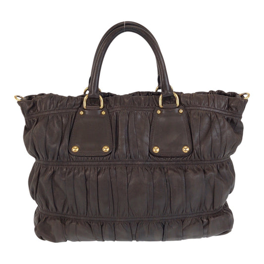 PRADA Tote Bag leather Brown Gold Metal Tote Bag Shoulder Bag 2way Women Used Authentic
