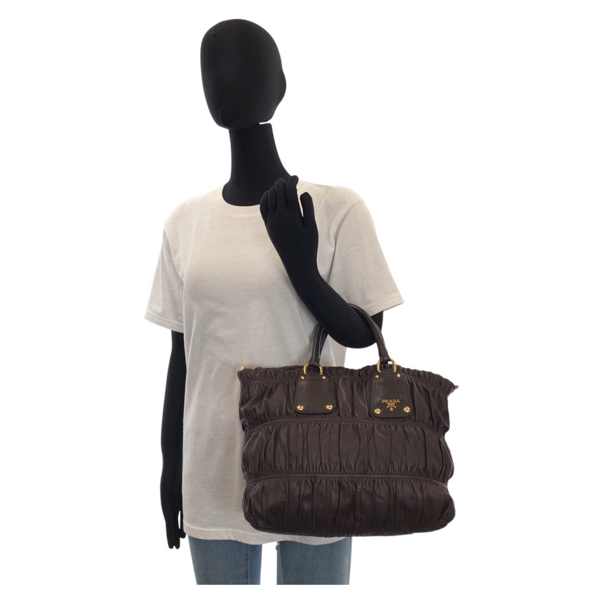 PRADA Tote Bag leather Brown Gold Metal Tote Bag Shoulder Bag 2way Women Used Authentic