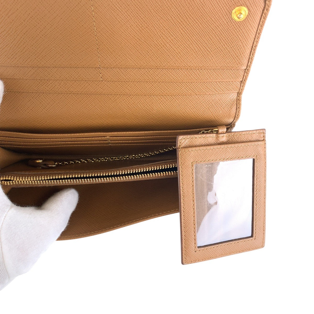 PRADA Long Wallet Purse leather Brown Camel Gold Metal Long Wallet Purse Long wallet unisex Safiano Women Used Authentic