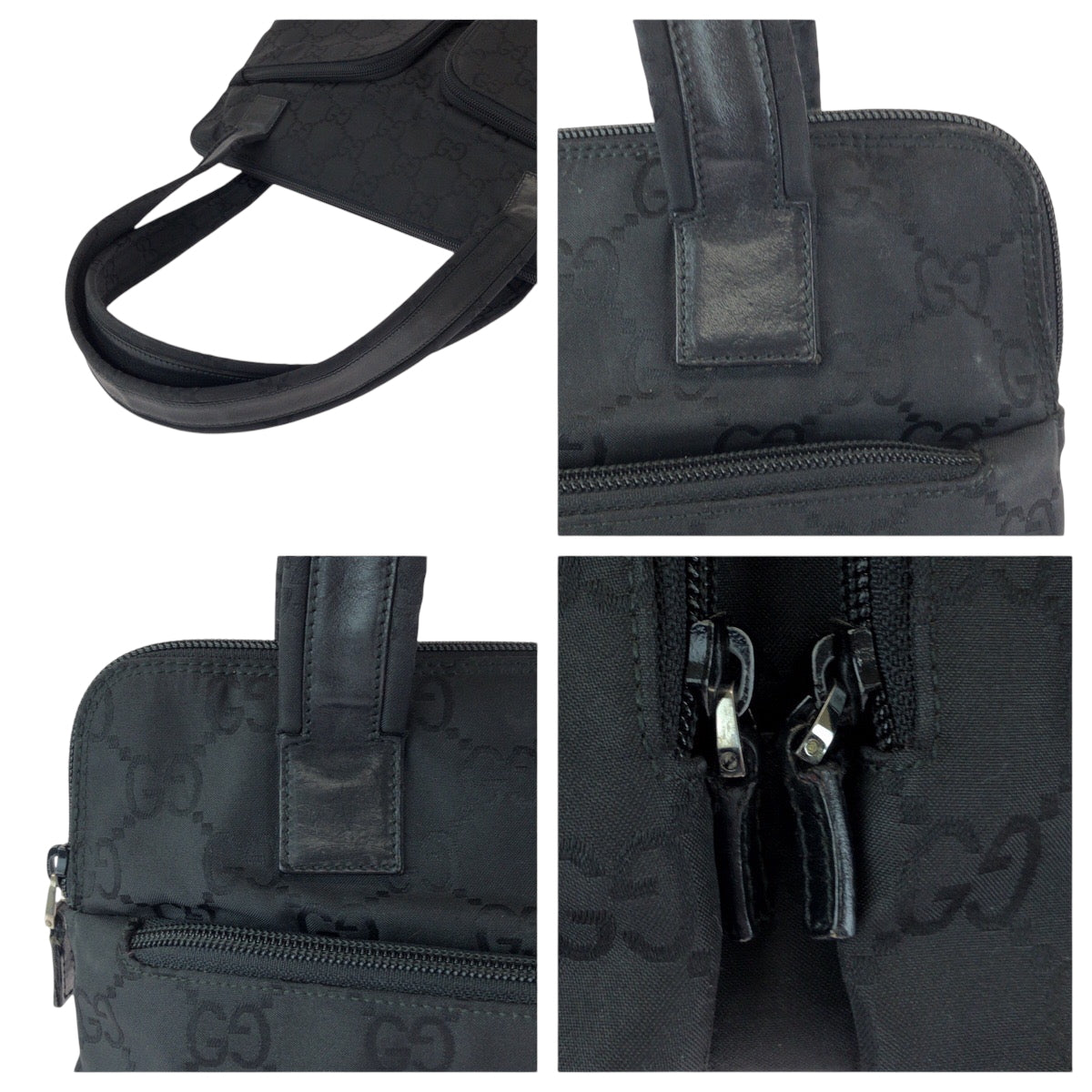 GUCCI Tote Bag 001 3705 Nylon, Leather Black Silver Metal Tote Bag Handbag Shoulder Bag Women Used Authentic