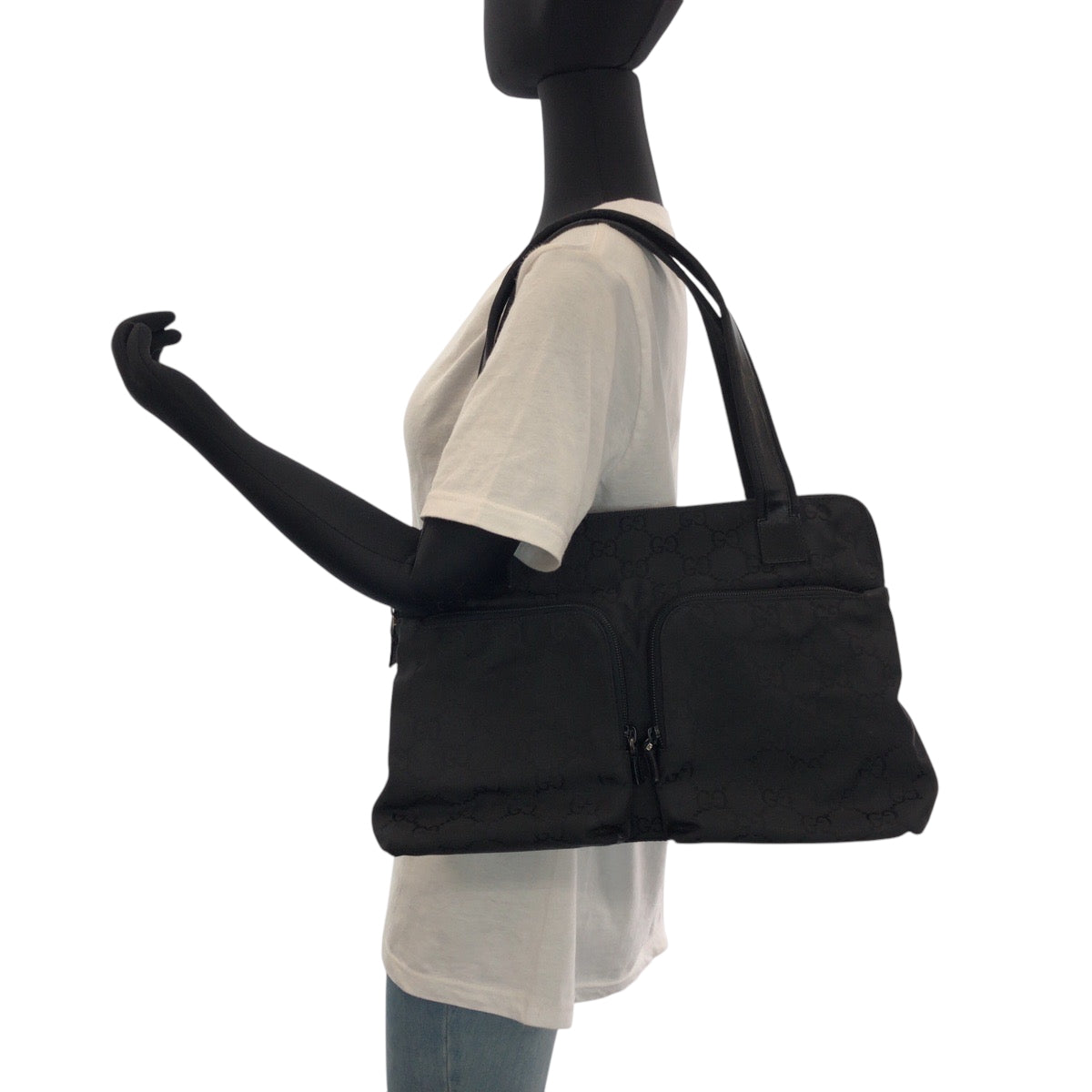 GUCCI Tote Bag 001 3705 Nylon, Leather Black Silver Metal Tote Bag Handbag Shoulder Bag Women Used Authentic