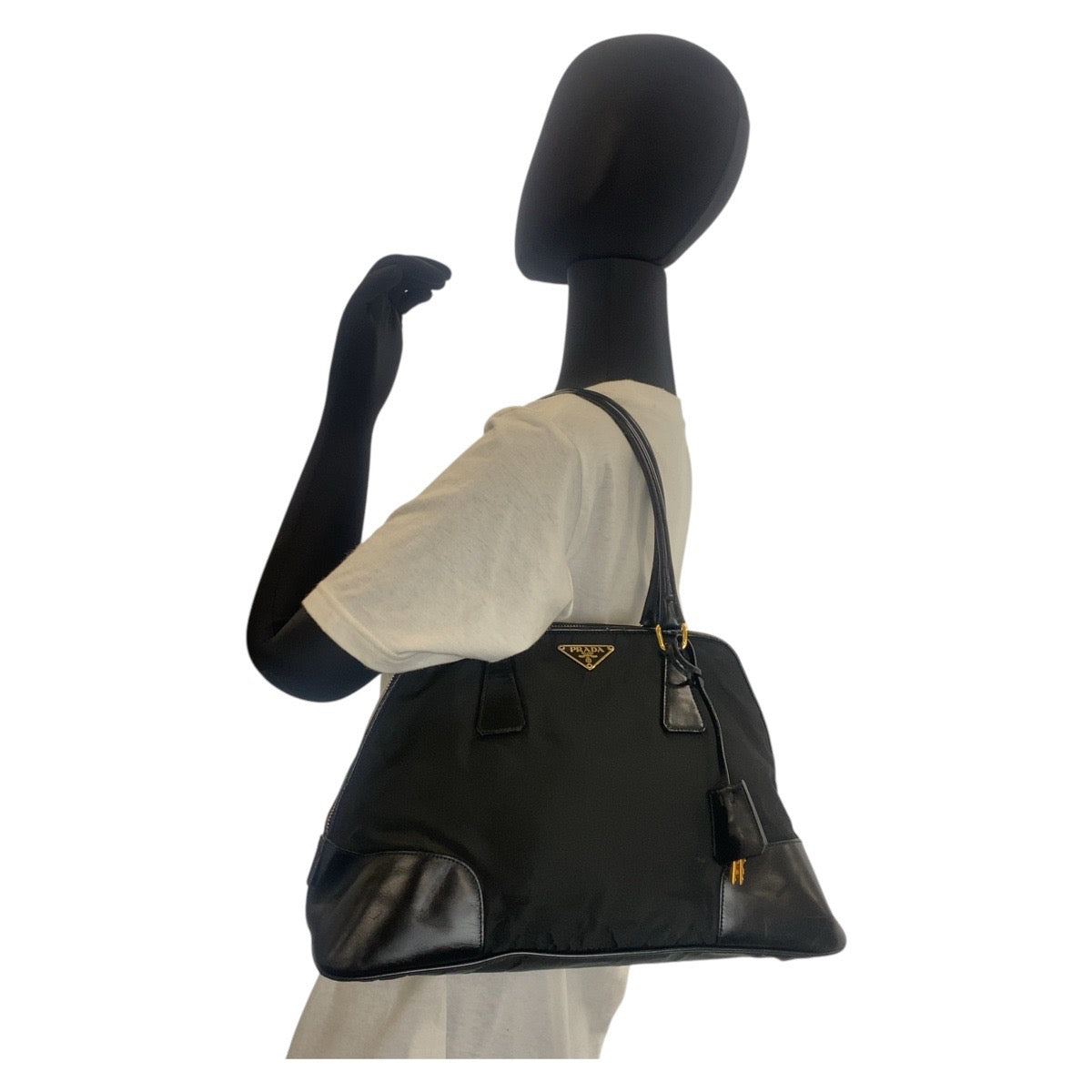 PRADA Handbag Nylon, Leather Black GoldMetal Handbag Shoulder Bag Test Triangle With logo Women Used Authentic