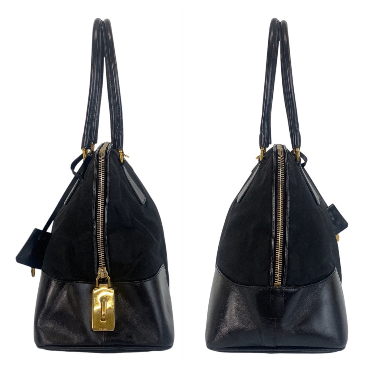 PRADA Handbag Nylon, Leather Black GoldMetal Handbag Shoulder Bag Test Triangle With logo Women Used Authentic