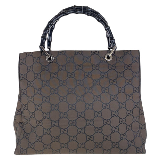 GUCCI Tote Bag 002 1010 GG canvas Brown Black SilverMetal Tote Bag handbag Bamboo Women Used Authentic