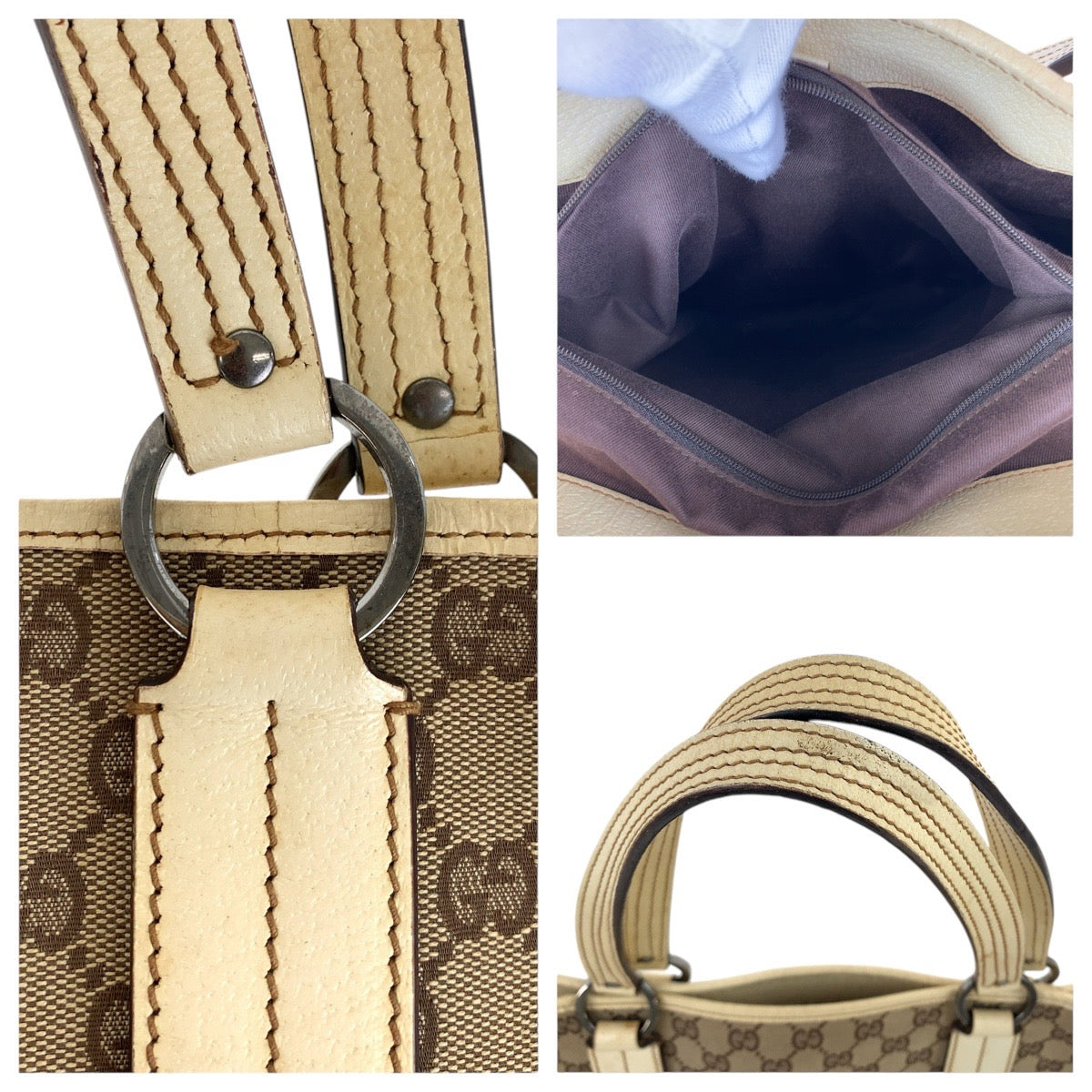 GUCCI Tote Bag 113022 GG canvas, leather Brown White SilverMetal Tote Bag Shoulder Bag Women Used Authentic