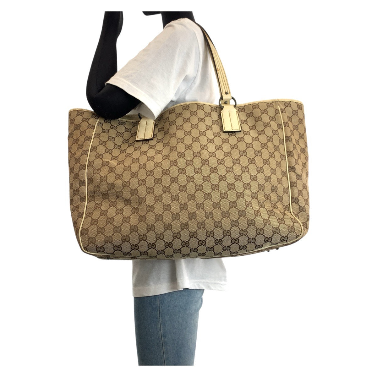 GUCCI Tote Bag 113022 GG canvas, leather Brown White SilverMetal Tote Bag Shoulder Bag Women Used Authentic