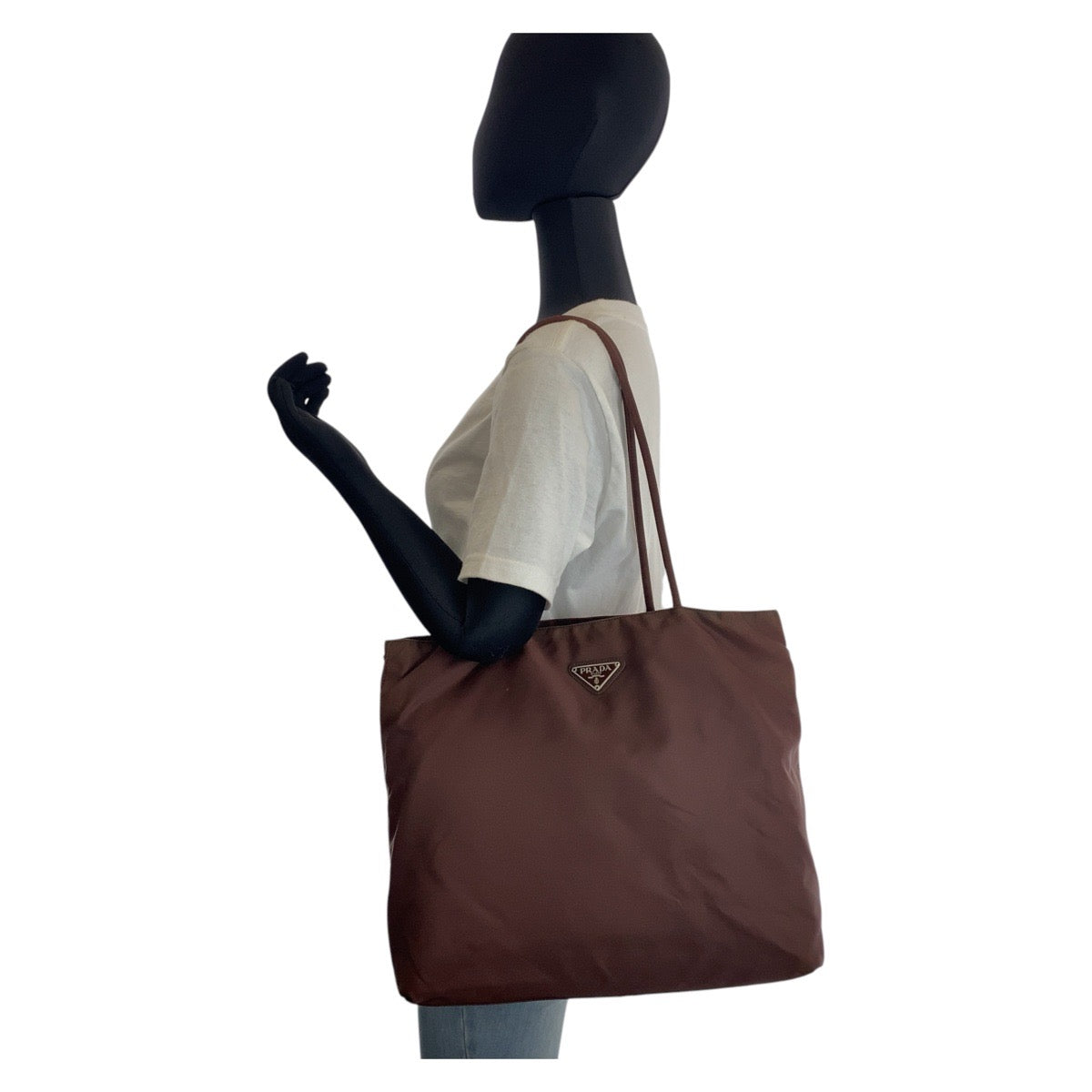 PRADA Tote Bag Nylon Brown Silver Metal Tote Bag Shoulder Bag Test Triangle With logo Women Used Authentic