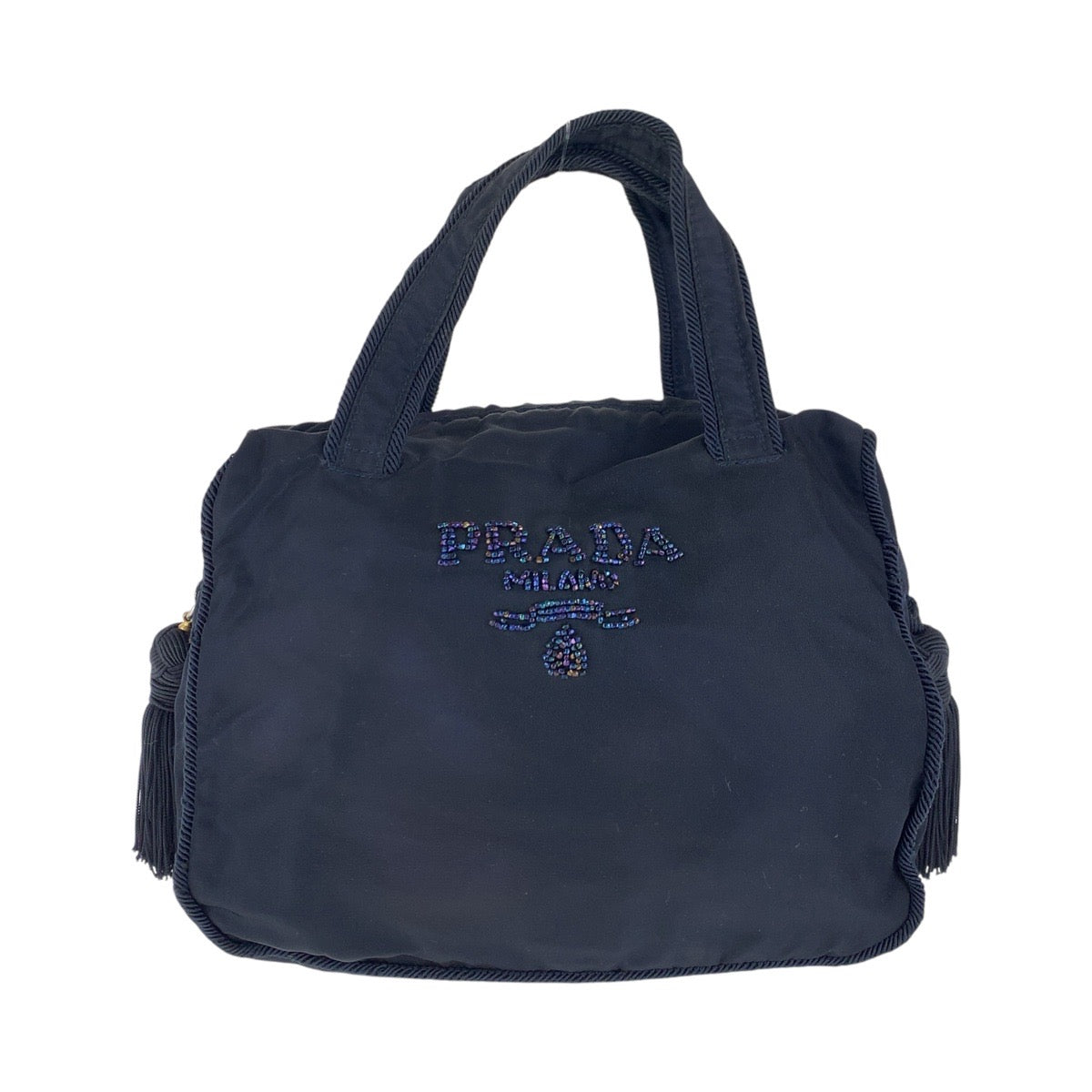 PRADA Tote Bag Nylon Navy Gold Metal Tote Bag handbag Test Bijou fringe Women Used Authentic