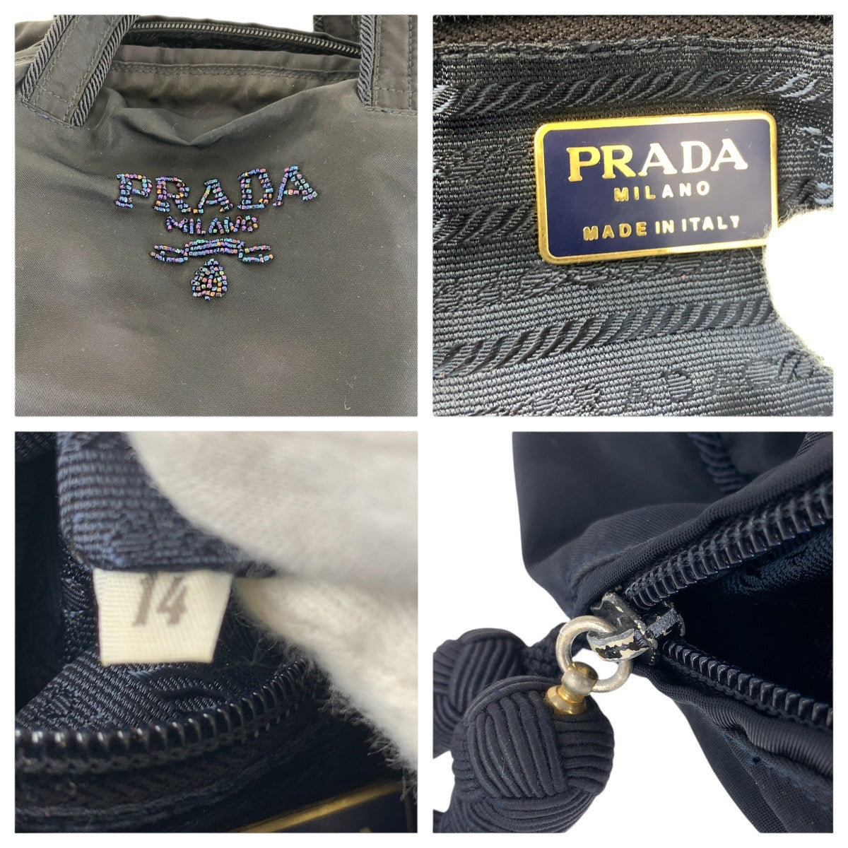 PRADA Tote Bag Nylon Navy Gold Metal Tote Bag handbag Test Bijou fringe Women Used Authentic