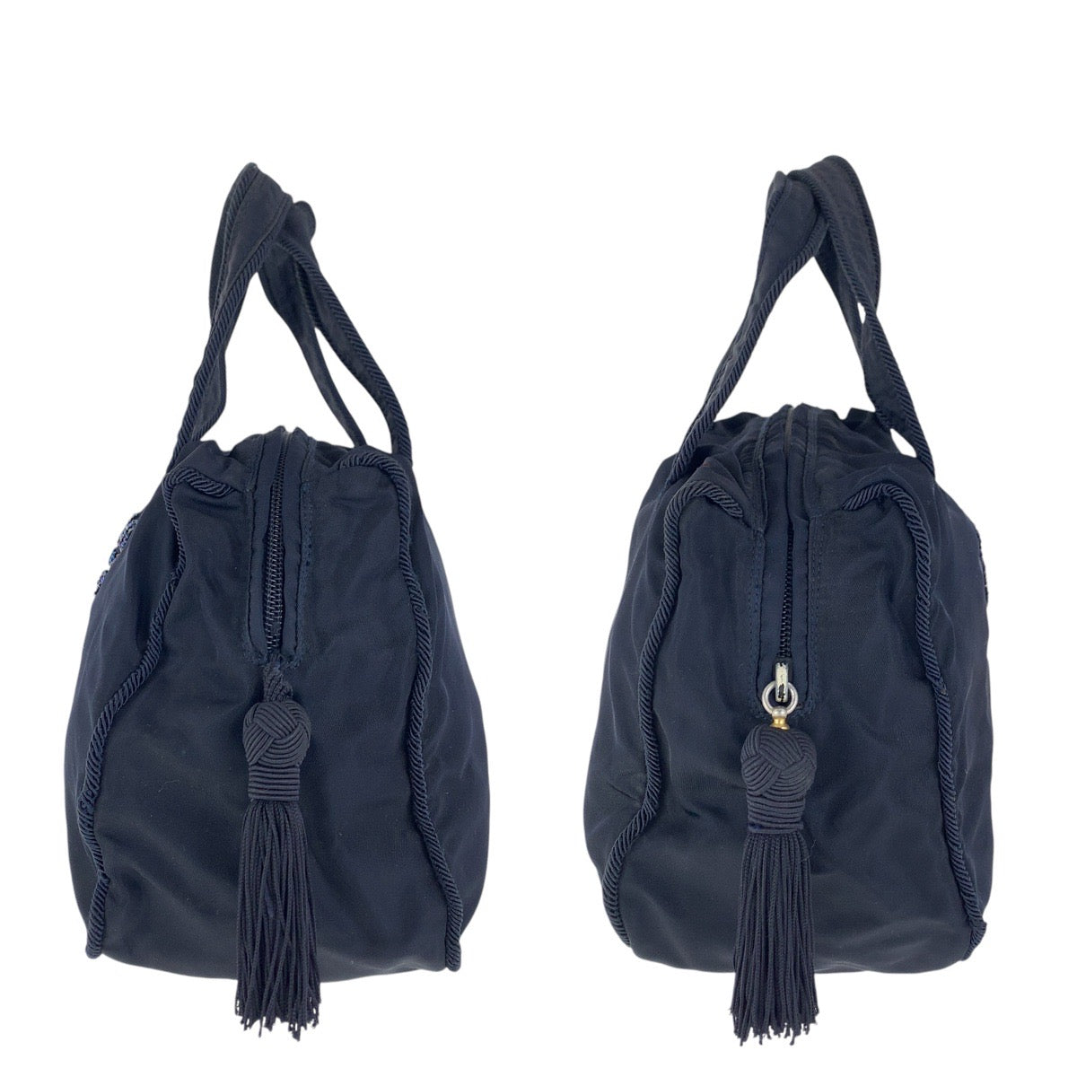PRADA Tote Bag Nylon Navy Gold Metal Tote Bag handbag Test Bijou fringe Women Used Authentic