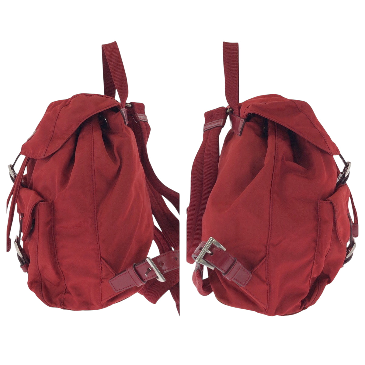 PRADA Backpack Nylon Red Silver Metal Backpack Backpack Test Triangle With logo Women Used Authentic