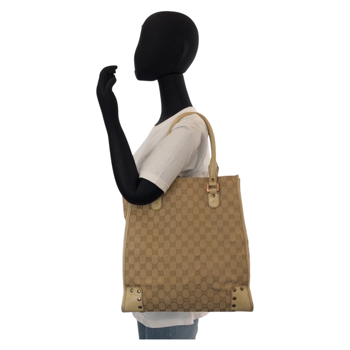 GUCCI Tote Bag 124261 GG canvas, leather Beige Gold Metal Tote Bag Shoulder Bag Women Used Authentic
