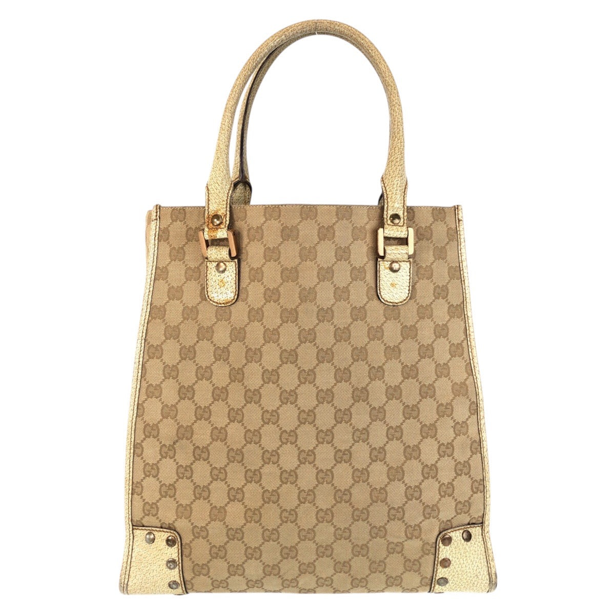 GUCCI Tote Bag 124261 GG canvas, leather Beige Gold Metal Tote Bag Shoulder Bag Women Used Authentic