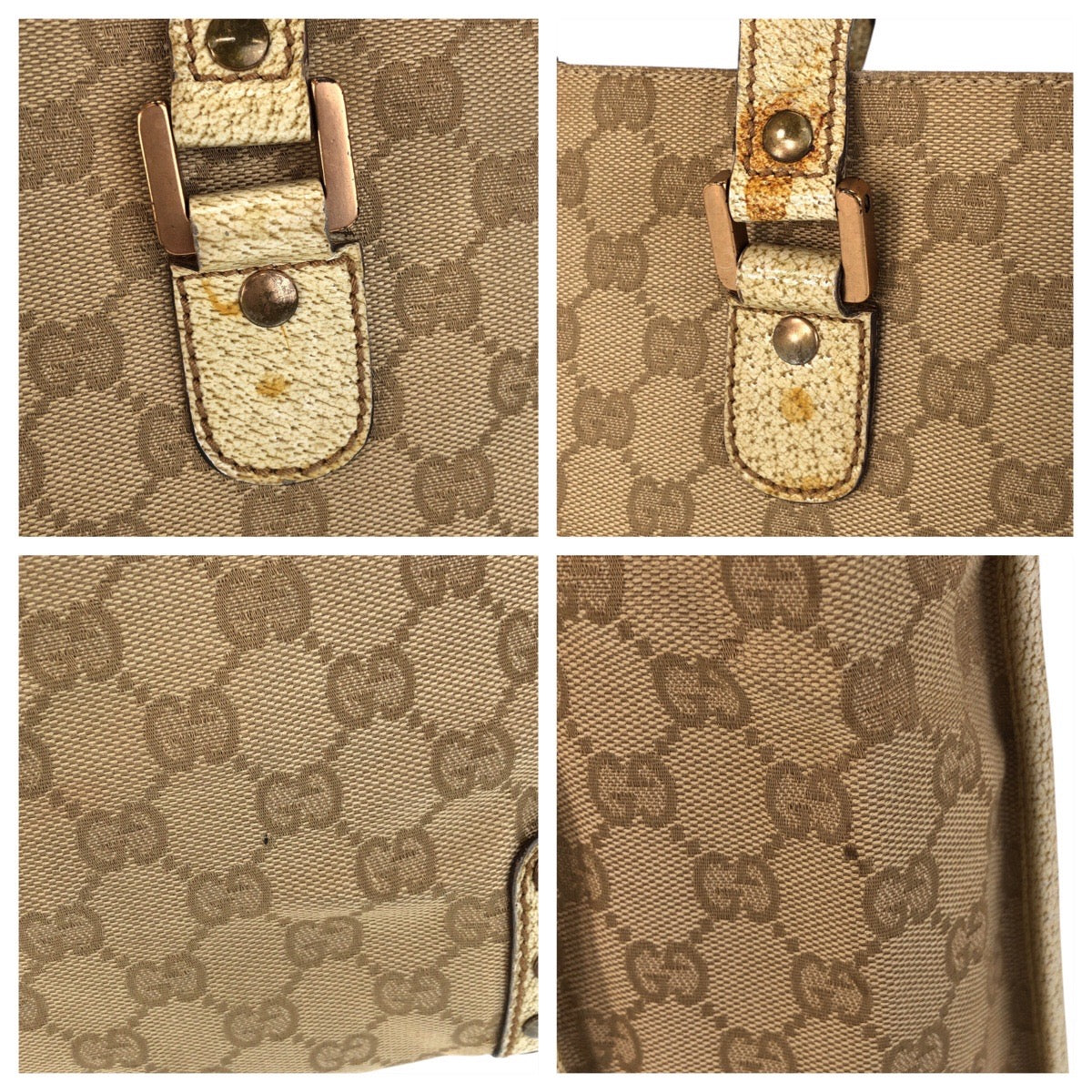 GUCCI Tote Bag 124261 GG canvas, leather Beige Gold Metal Tote Bag Shoulder Bag Women Used Authentic