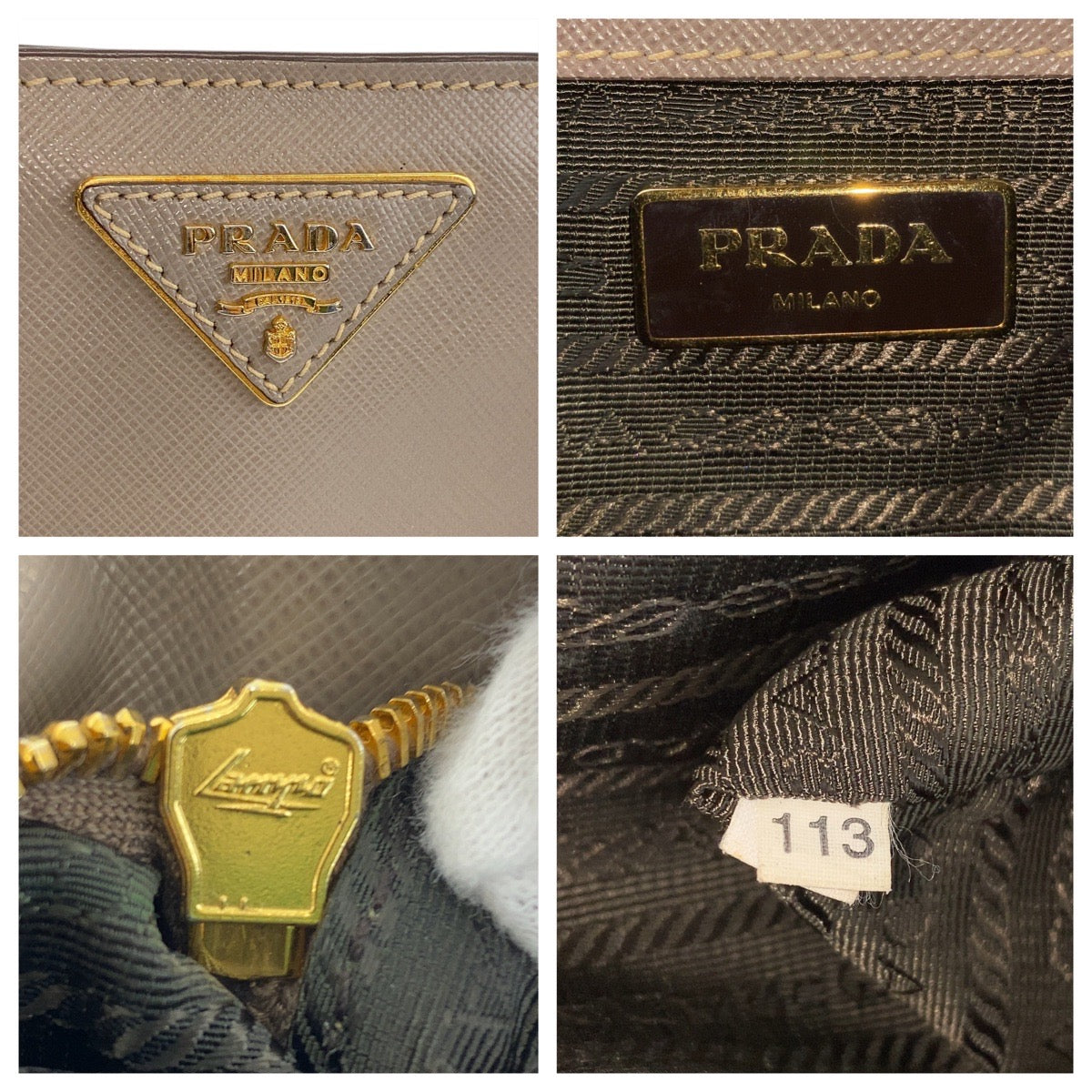 PRADA Handbag leather Greige Gold Metal Handbag Shoulder Bag 2way Safiano Triangle With logo Women Used Authentic