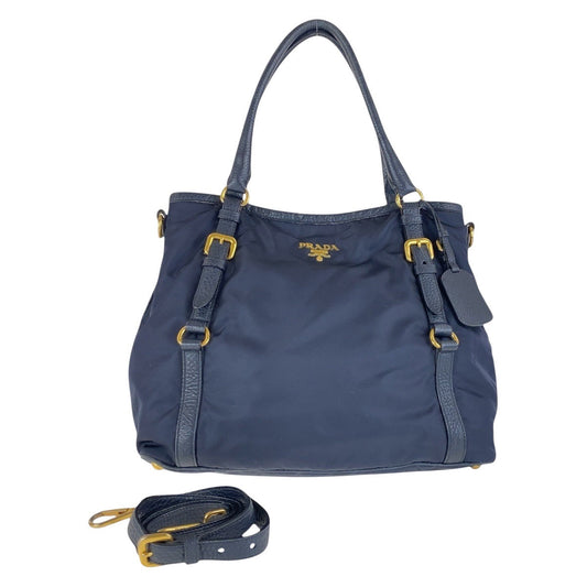 PRADA Shoulder Bag Nylon, Leather Navy Gold Metal Shoulder Bag handbag Women Used Authentic