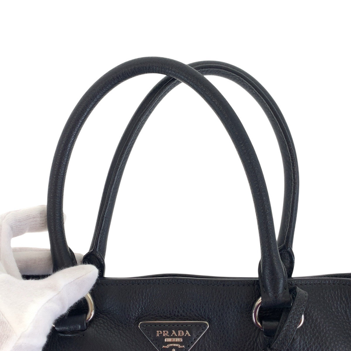 PRADA Tote Bag leather Black SilverMetal Tote Bag Shoulder Bag 2way Vittero Dyno Triangle With logo Women Used Authentic