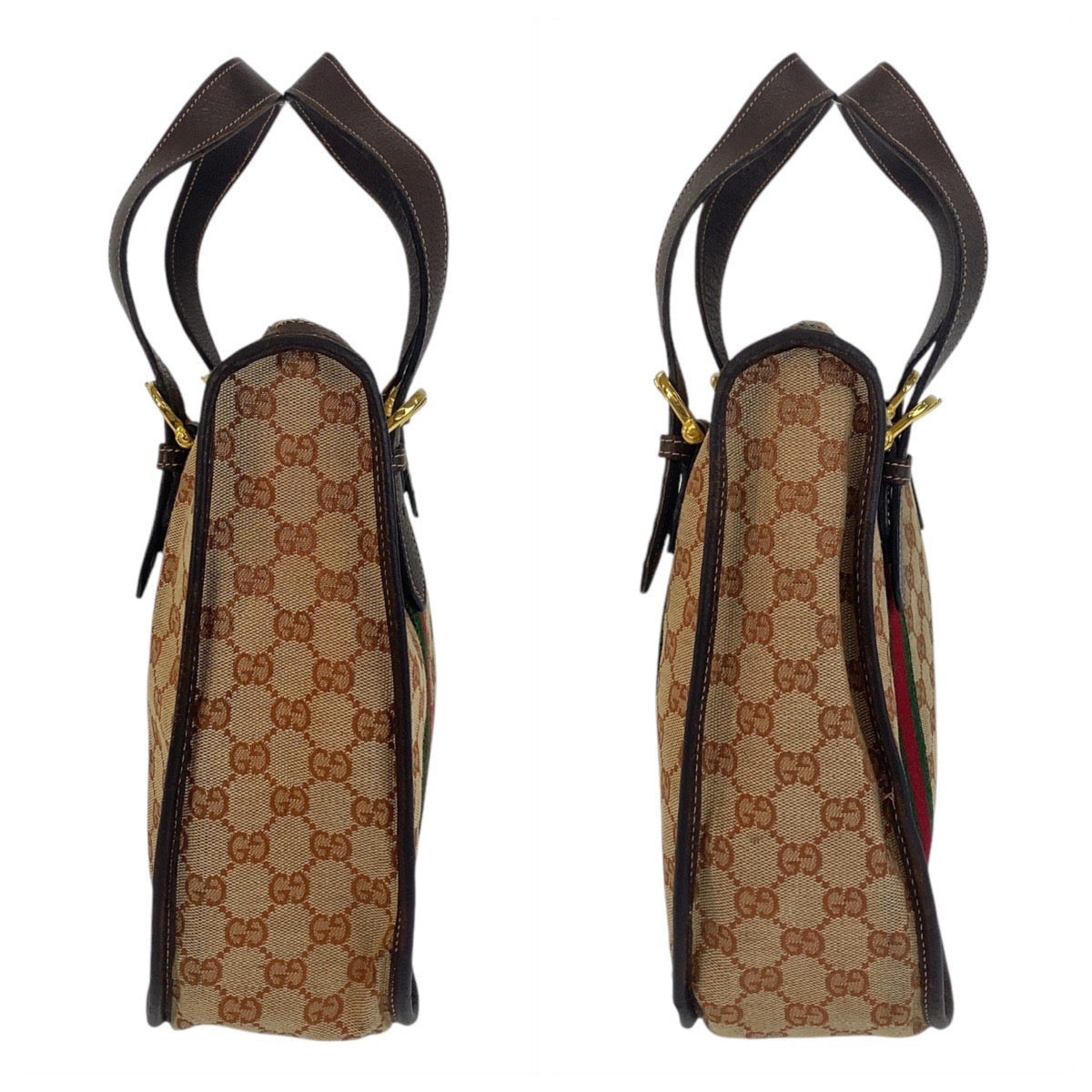 GUCCI Handbag GG canvas, leather Beige Brown Gold Metal Sherry Line Old Gucci Women Used Authentic