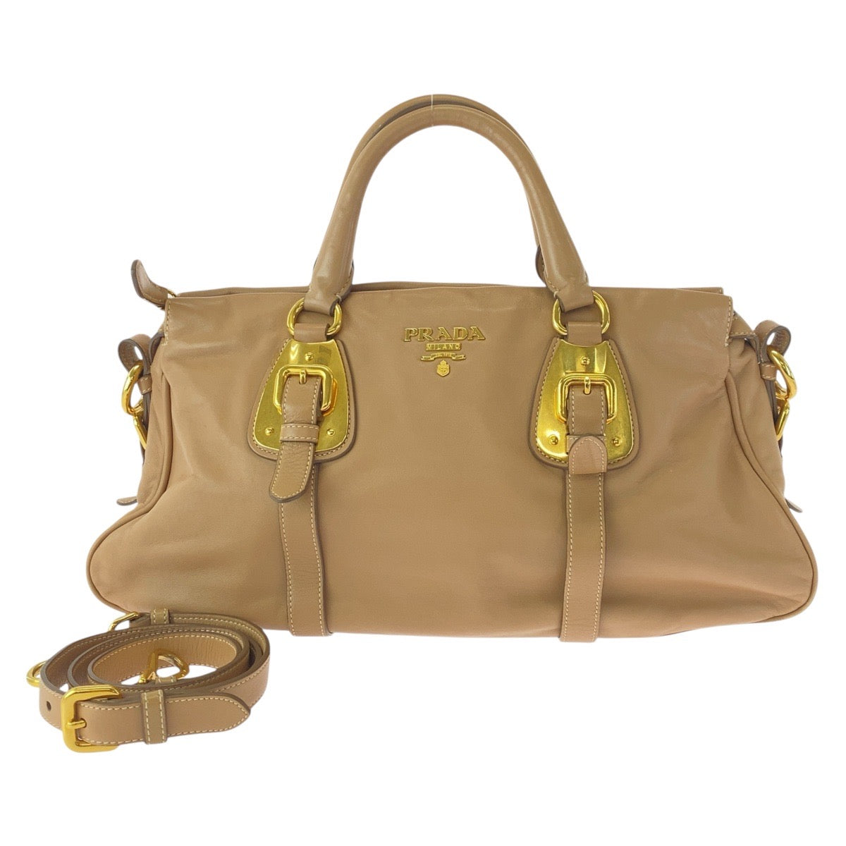 PRADA Handbag BN1903 leather Beige Gold Metal Handbag Shoulder Bag 2WAY Women Used Authentic