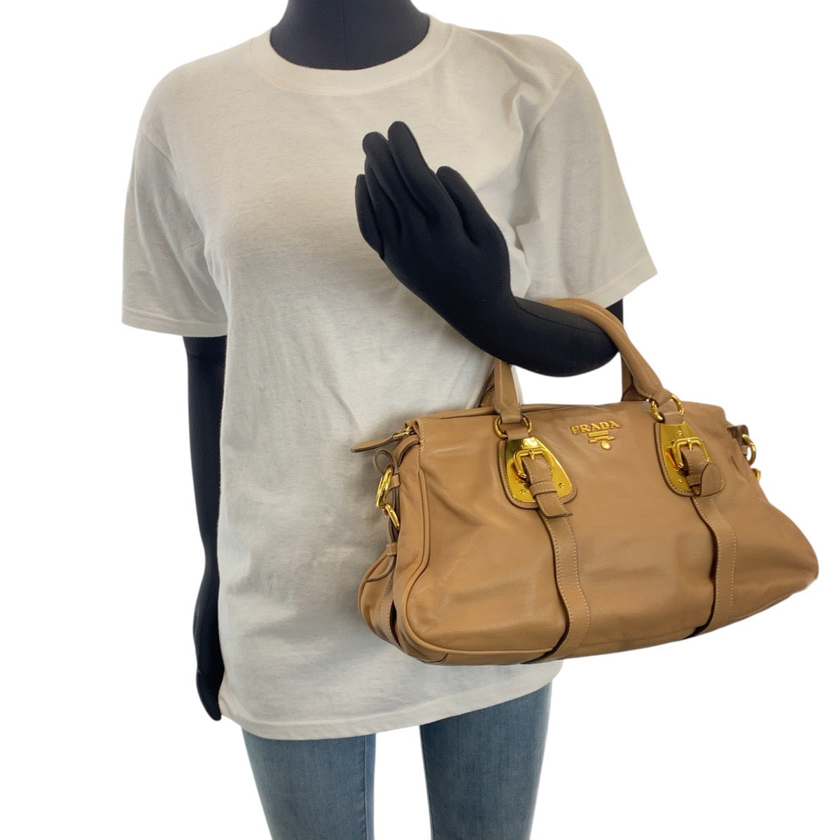 PRADA Handbag BN1903 leather Beige Gold Metal Handbag Shoulder Bag 2WAY Women Used Authentic