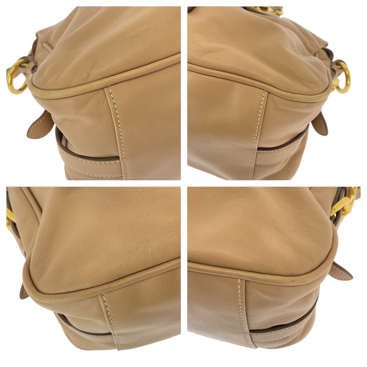 PRADA Handbag BN1903 leather Beige Gold Metal Handbag Shoulder Bag 2WAY Women Used Authentic