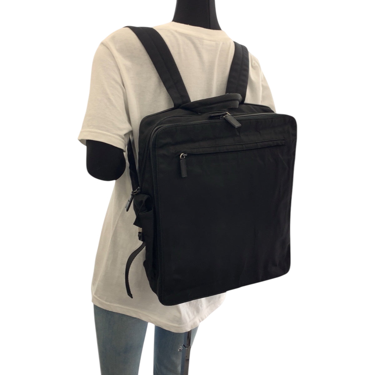 PRADA Backpack Nylon Black SilverMetal Backpack business bag Test Triangle With logo Women Used Authentic