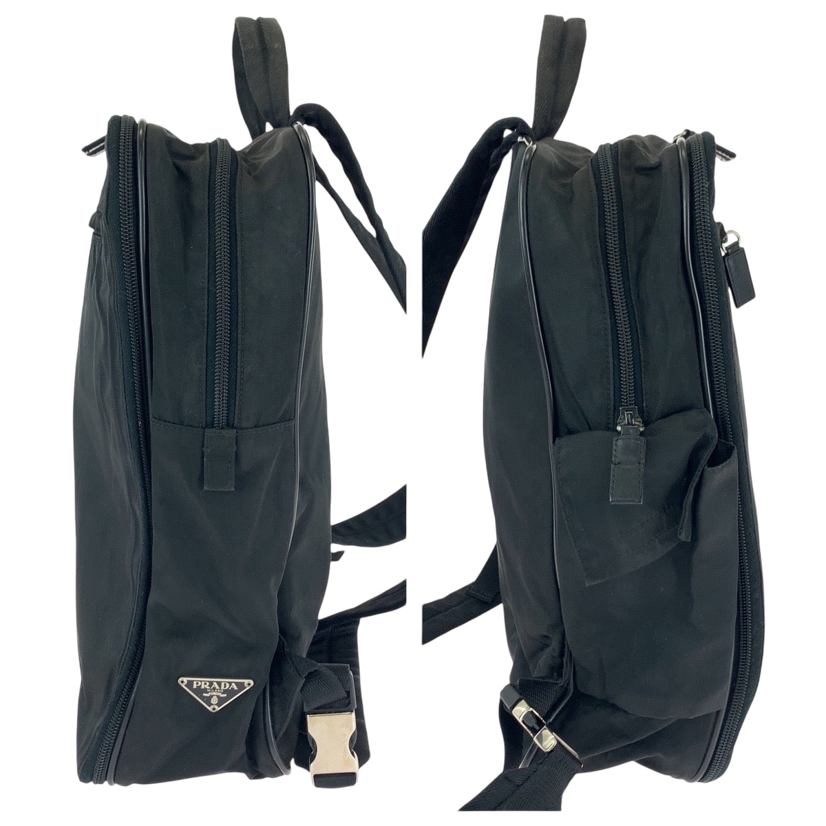 PRADA Backpack Nylon Black SilverMetal Backpack business bag Test Triangle With logo Women Used Authentic