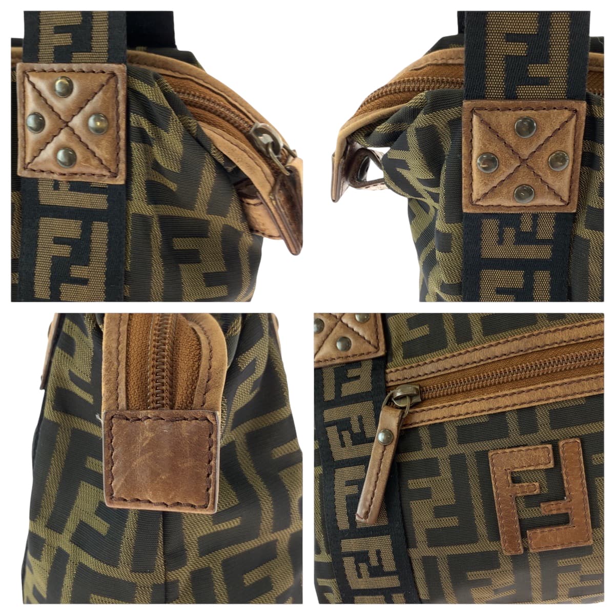 FENDI Handbag canvas Brown Gold Metal Handbag Shoulder Bag Zucca Women Used Authentic