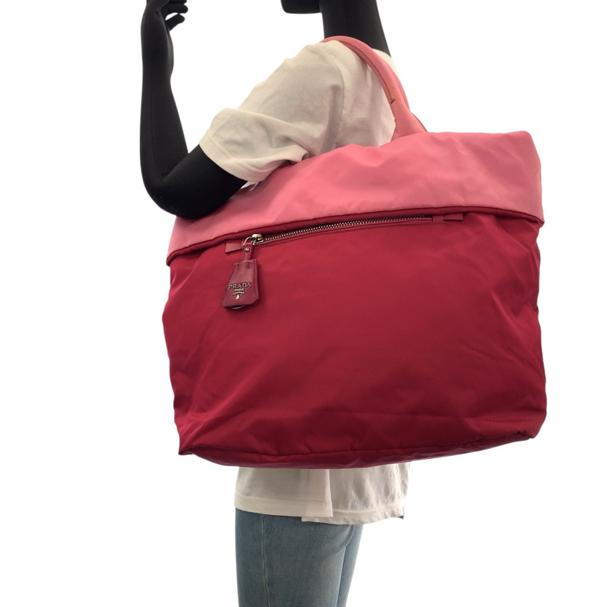 PRADA Tote Bag Nylon Red pink Tote Bag Shoulder Bag 2way Test Triangle With logo Women Used Authentic